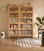 5 Tier Solid Wood Bookcase with Tempered Glass Doors Elegant Wooden Book Shelf with Doors 72H/32w/14 inch Log Khaki, Luxury Antique Bookcase Artwork Book Shelves/case for Home Office
