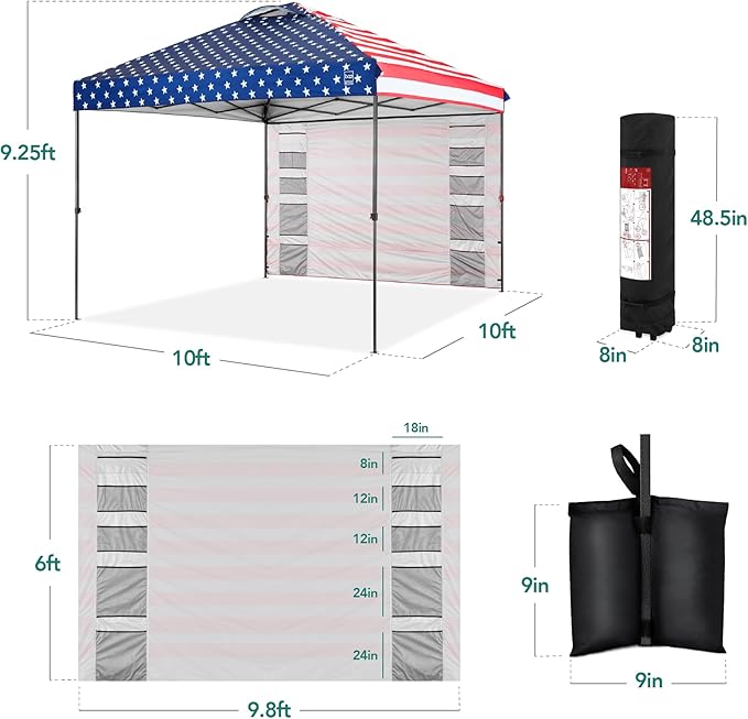 Best Choice Products 10x10ft Easy Pop Up Canopy w/Side Wall, 10 Pockets, Portable Carrying Case, 1-Button Setup, 4 Weight Bags - American Flag