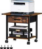 Lerliuo Under Desk Rolling Printer Stand with Drawer, 2-Tier Industrial Mobile Printer Table Desk with Storage Shelf and Steel Frame, Printer Cart Holder with Lockable Wheels for Home, Office (Brown)