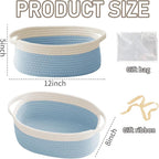 Woven Basket,Small Rope Storage Bin with Handles & Ribbon Bag, Organizer for Shelves Closets,Gift Basket Empty for Birthday,Books,Dog Toys, White&Blue