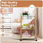 3 Tier Mesh Rolling Utility Cart, Gold Metal Organization Cart with Lockable Wheels, Multifunctional Storage Trolley Service Cart for Kitchen Living Room Office Salon
