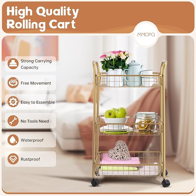 3 Tier Mesh Rolling Utility Cart, Gold Metal Organization Cart with Lockable Wheels, Multifunctional Storage Trolley Service Cart for Kitchen Living Room Office Salon