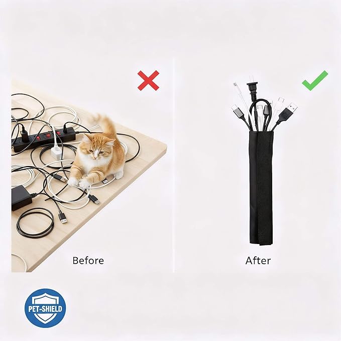1.5" - 6.6FT Chew Proof Cord Protector from Pets, Black Heavy Duty Dog & Cat Cable Sleeve Cover - Flexible Split Sleeve for Home, Office, Automotive Wires