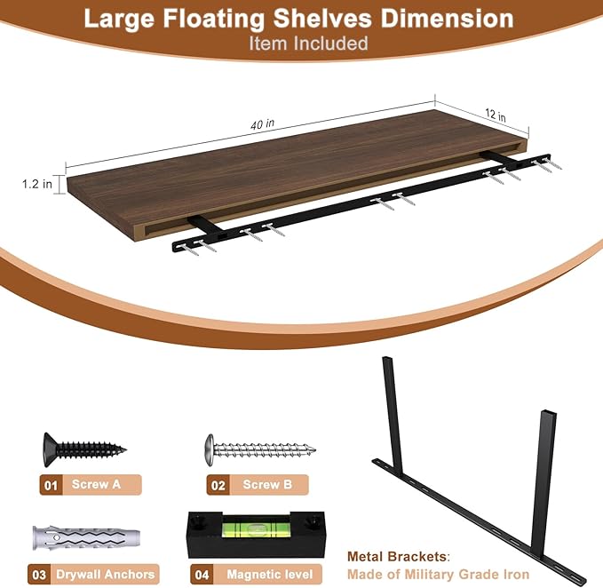 12 Inch Deep Floating Shelves for Wall 3 Pack Floating Shelfs Large Storage Space Wall Decor Display Shelf for Bathroom Living Room Bedroom Kitchen 40" W x 12" D x 1.2" H Walnut