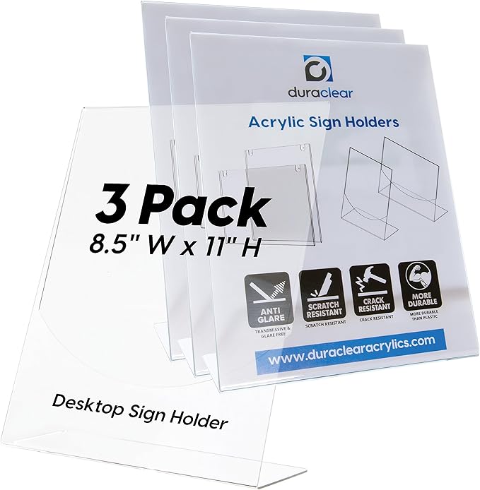 Mammoth DuraClear Acrylic Sign Holders 8.5 x 11 - Extra Thick and Durable Desktop Paper Sign Holders - Perfect for Retail and Booth Display Supplies - 3 Pack, Portrait