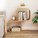Giantex S-Shaped Bookcase, 2-Tier Bamboo Bookshelf with 2 Open Cubes, Geometric Corner Display Shelf, Decorative Storage Organizer, Floor Storage Rack for Living Room, Study, Home Office, Natural