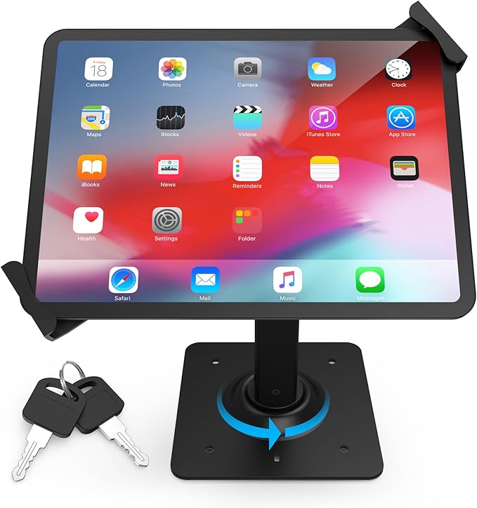Aluminum Tablet Kiosk Stand, Anti-Theft iPad POS Locking Holder Mount for 7.9"-11" Tablets, 360° Swivel Bracket & Base, Security Countertop Desk Stand for iPad, iPad Pro/Air, Samsung Tablets