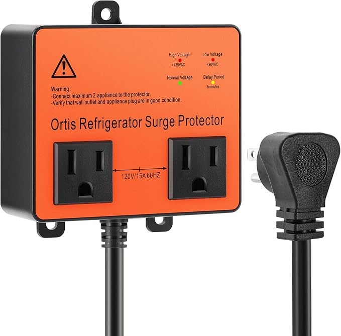 Refrigerator Surge Protector, Ortis Double Outlet Voltage Protector for Home Appliances with Time Delay, Protects Against Brownout, Spike, Instant Surge All Voltage Abnormalities, Orange
