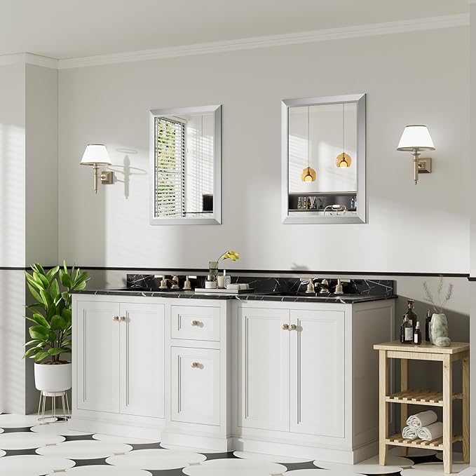 22x30 Inch Brushed Nickel Bathroom Mirror for Wall, Thick Metal Framed Rectangle Mirrors for Over Sink, Bedroom, Living Room, Entryway, Anti-Rust, HD Tempered Glass