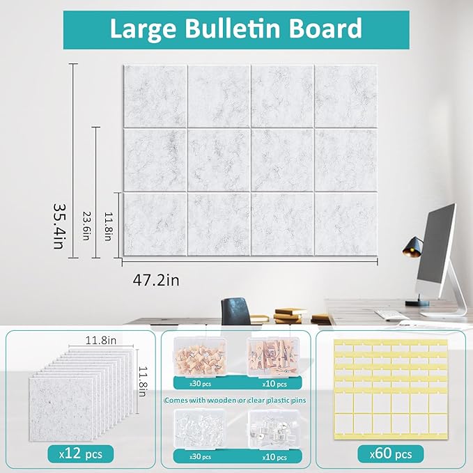 Large Cork Board for Walls 48" x 36" - 12 Pack Felt Wall Tiles with Safe Removable Adhesive Tabs & 40 Pcs Pushpins - Bulletin Board for Office Classroom Home Decor - Marble White