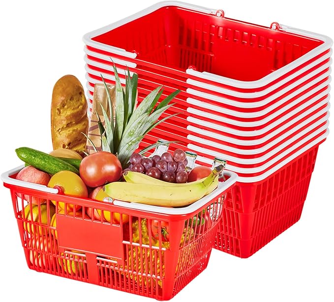 VEVOR Shopping Baskets, 12 PCS, 21L Stackable PE Plastic Grocery Baskets with Handles, Dense Mesh Structure, Holds up to 20 lbs, Portable for Grocery, Retail, Stores, Supermarket, Home Use, Red