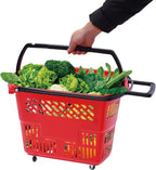 6PCS Shopping Carts,35L Shopping Basket with Wheels and Handle,Portable Plastic Rolling Sho-pping Basket for Retail Store (Red)