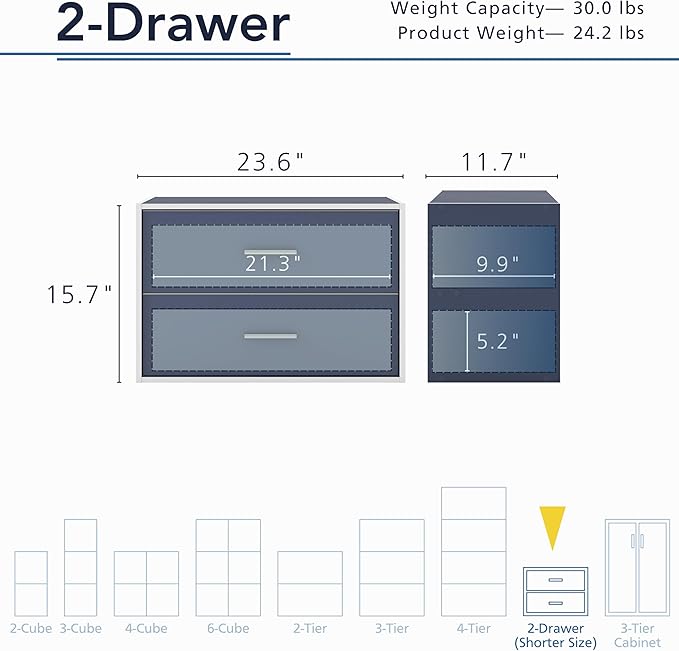 Homes: Inside + Out Apexa 2-Drawer Wooden Stackable Storage Drawers, Small Food Pantry Cabinet, Cajonera De Madera, Underbed Drawer Dorm Teen Room Decor & Bedroom, Home Office, Kitchen, Steel Blue