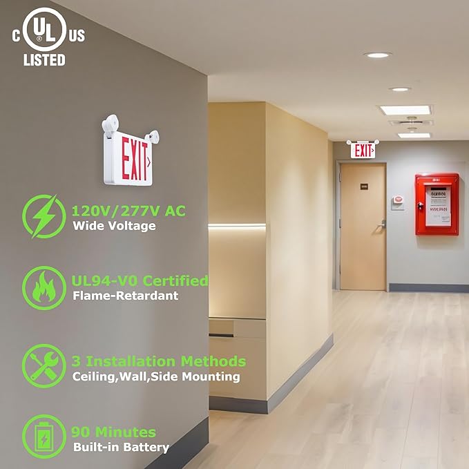 Gruenlich Red Exit Sign with Emergency Lights, 2 Adjustable LED Heads and Backup Battery, UL 924, AC 120/277V, Commercial Hardwired Exit Light for Business, 4 Pack