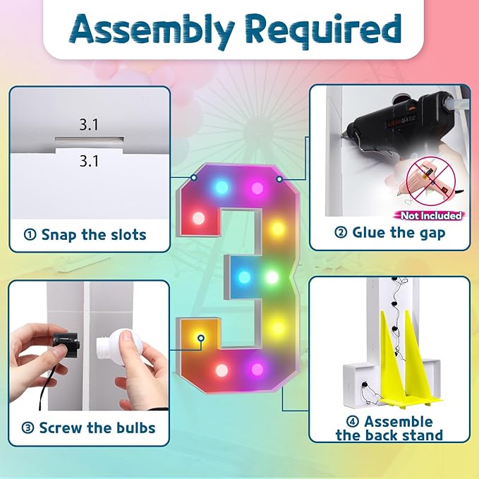 imprsv 4FT Colorful Marquee Numbers,18 Colors with Remote, Light Up Numbers 3 for 3rd 30th Birthday Decorations Anniversary Party Decor, Pre-Cut Foam Board Kit, Mosaic Sign for Balloon
