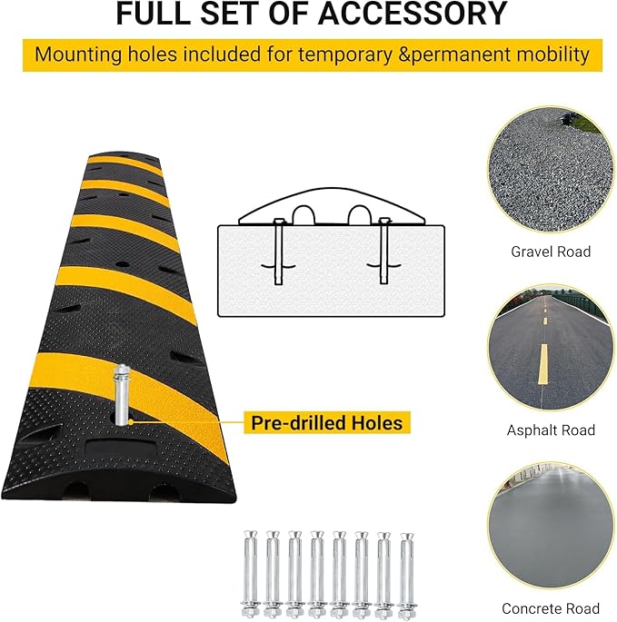 6 FT Heavy Duty Rubber Speed Bump 2-Pack, Driveway Cable Protector Ramp with Installation Bolts for Parking Lots, Garage & Gravel Roads