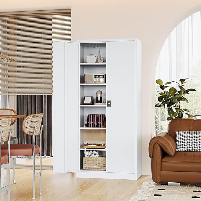 Metal Storage Cabinet-72” Tall Steel File Cabinets with Lockable Doors and Adjustable Shelves-White Steel Storage Cabinet for Kitchen, Office, Garage