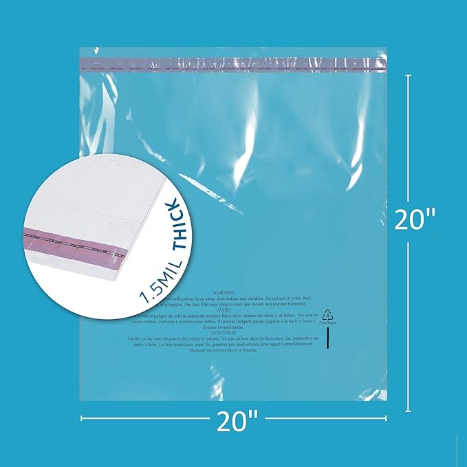 100 Count - 20" x 20" Extra-Large Self Seal Poly Bags with Suffocation Warning, 1.5 Mil, Clear Polybags with Resealable Adhesive Strip for Shipping & Packaging Clothing, T Shirts & Sweaters. GPI