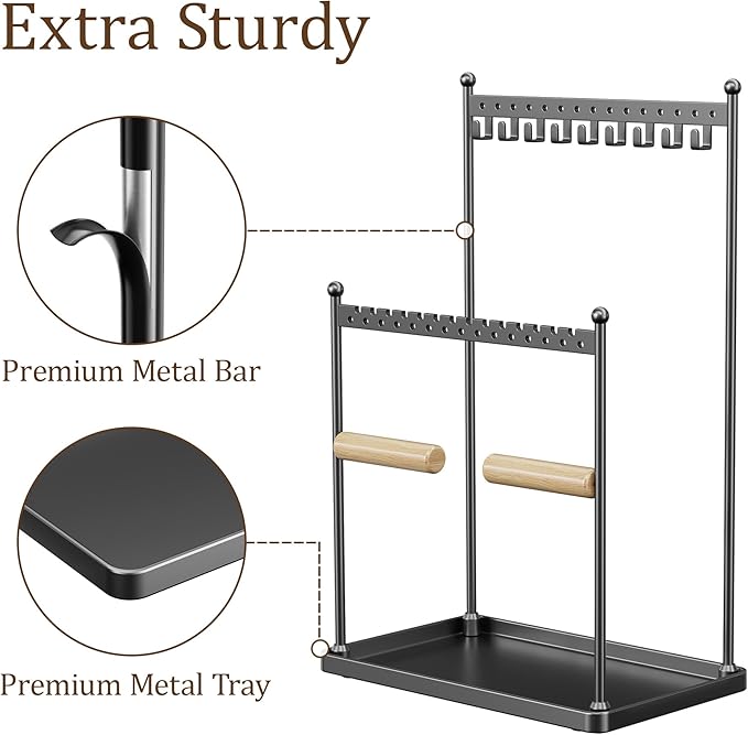 Jewelry Tower Necklace Holder Organizer – 3-Tier Jewelry Display Rack with Storage Tray – Holds 22 Pairs of Earrings, Bracelets, Rings, Necklaces – Gift for Girls & Women, Black