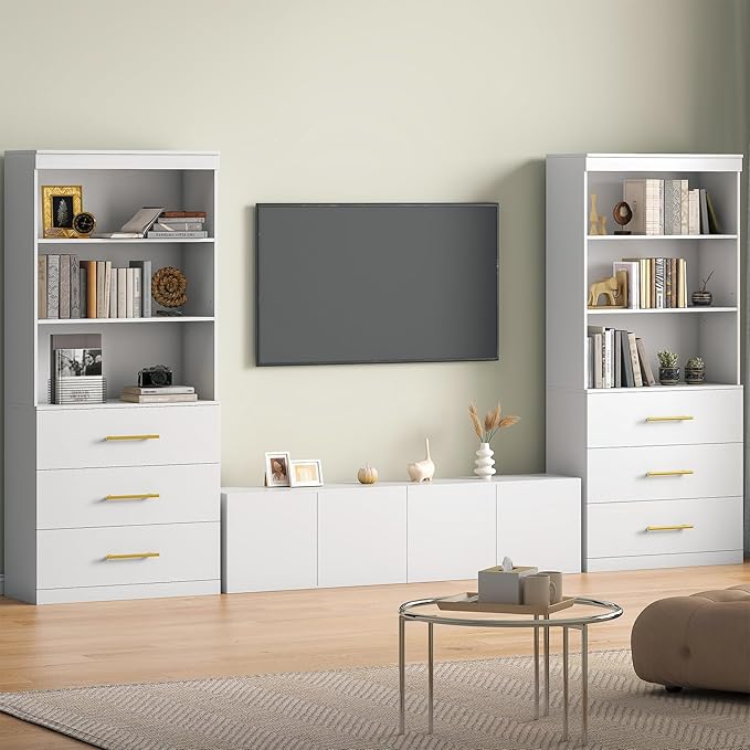 Winkalon 71" Tall White Bookshelf with Drawers, Bookcase and Bookshelf with 3-Tier Open Shelves, Tall Bookcase Tall Storage Cabinet for Home Office Living Room, 15.8" D x 31.5" W x 71" H
