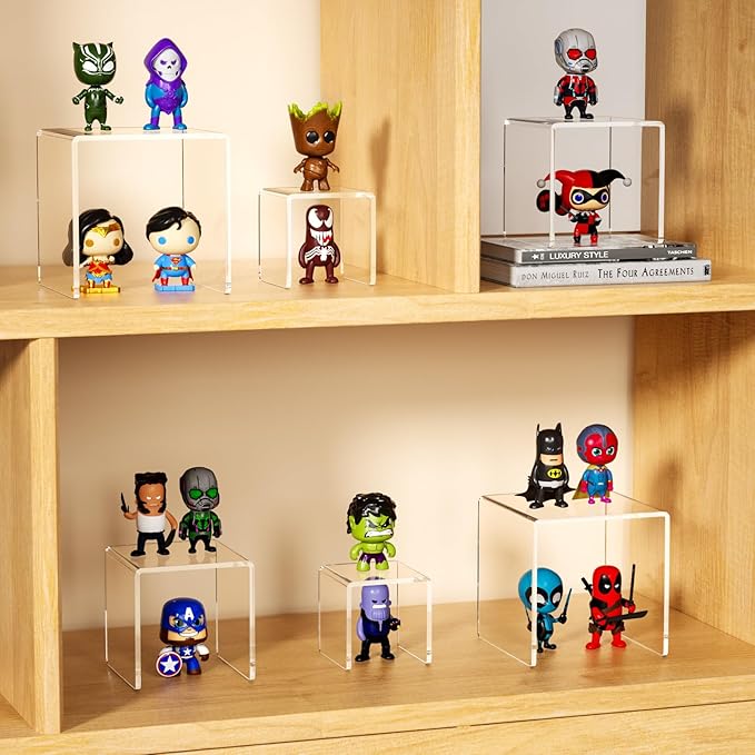 NIUBEE Acrylic Display Risers Stand 2 Sets,3 Steps Clear Riser Shelf Showcase for Amiibo Funko POP Figures -3"x3"x5"