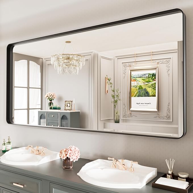 LOAAO 77X36 Inch Black Metal Framed Bathroom Mirror for Wall, Matte Black Bathroom Vanity Mirror Farmhouse, Large Rounded Rectangle Mirror, Anti-Rust, Tempered Glass, Hangs Horizontally or Vertically