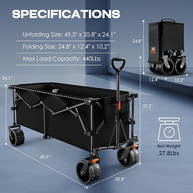 Navatiee 48'' Extra Long Collapsible Wagons Carts Foldable, 440Lbs Heavy Duty Folding Beach Wagon with All-Terrain Big Wheels, 300L Capacity Utility Garden Carts for Camping, Sports