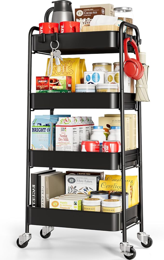 TOOLF 4-Tier Metal Rolling Cart with Wheels, Storage Utility Organizer Cart for Kitchen, Bathroom, Office, Baby Essentials & Makeup - Lockable Casters, Easy Assembly, Large Capacity, Black