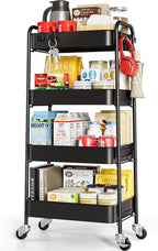 TOOLF 4-Tier Metal Rolling Cart with Wheels, Storage Utility Organizer Cart for Kitchen, Bathroom, Office, Baby Essentials & Makeup - Lockable Casters, Easy Assembly, Large Capacity, Black