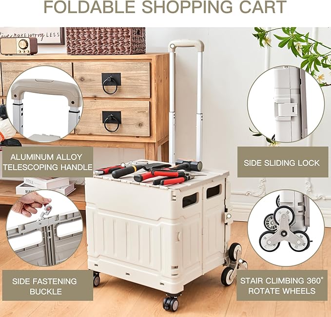 Foldable Utility Cart ，Folding Shopping carts，Collapsible cart with Stair Climbing Wheels, 8 Wheel Shopping cart，Collapsible Rolling Crate with Telescoping Handle (Grey, 17.32 * 17.13 * 30.12)
