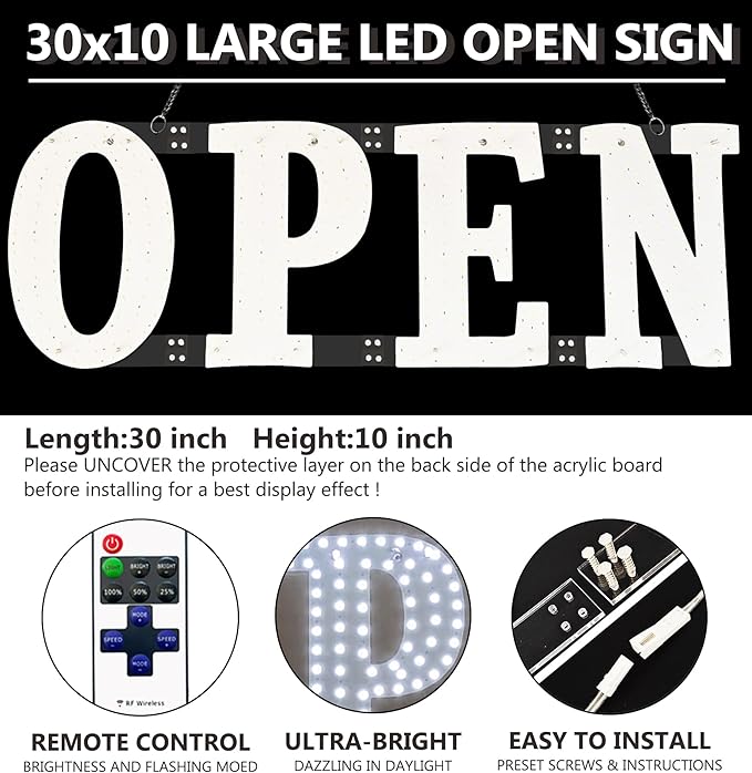 Open Signs for Business,30x10 inch Ultra Bright Open Sign Led for Window Wall Door w/Remote Control Bar Cafe Salon Barber Resturant Retail Store