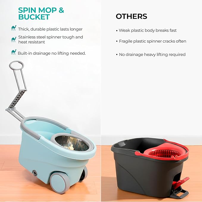 Spin Mop and Bucket Set Cleaning System Wringer 360 Microfiber Mop with Stainless Steel Handle Self Wringing Bucket with Wheels and Drain for Tile Hardwood Laminate Floors Includes 2 Mop Head Refills