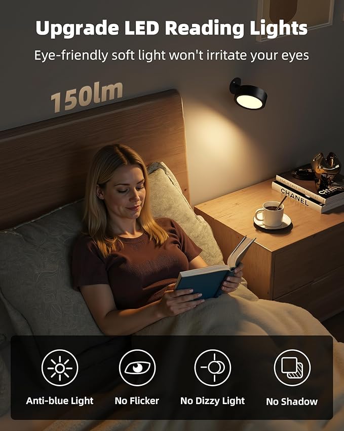 EZVALO LED Wall Mounted Lights, 5500mAh Rechargeable Wall Sconces Lamp, 3 Color Temps & Remote and Touch Control, 360°Rotation Dimmable Cordless Wall Light for Bedroom Reading Study Bedside (2 Pack)
