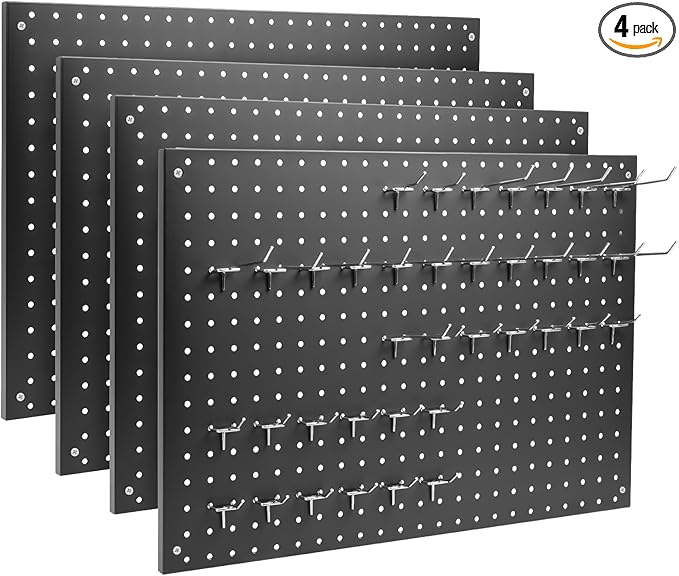 Peg Board, 4 Pack Metal Pegboard Panels Black Pegboards Wall Organizer with Frame Large Heavy Duty Peg Board with Hooks for Walls Home, Garage Tool Storage, Office, Craft Room, Kitchen 24”×16”