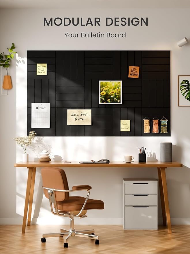 Bumusty Large Cork Board Alternative-36 x24 Felt Bulletin Board Tiles, with 30 Pushpins, 40 Adhesive Tabs, 6-Pack Slat Wall Paneling, Cork Boards for Office Push Pin Board Felt Board-Black