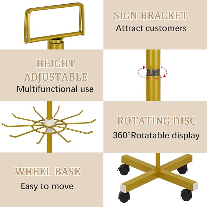 Retail Display Stand 5 Tier Metal Spinning Display Rack with Wheels Keychain Jewelry Stocking Hat Display Stand with Hooks for Malls, Showroom, Retail Store (Gold)