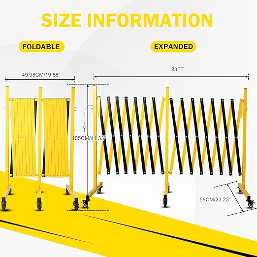 23FT Traffic Barricade with Casters, Metal Expandable Barricade, Folding Security Gate, Retractable Fence Outdoor Barricade Fence for Construction Area, Traffic Control