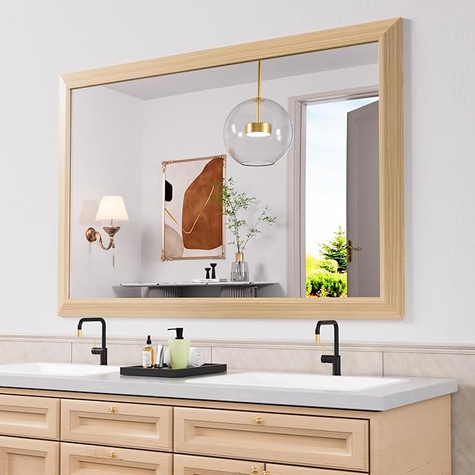 Amorho Bathroom Mirror for Wall, 48X32 Inch Oak Wood Grain Metal Framed Mirror, Anti-Rust, Hang Horizontally/Vertically, Suitable for Vanity, Bedroom, Farmhouse, Bathroom