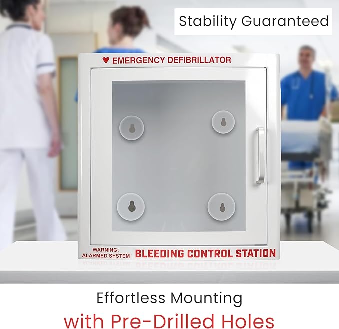 AED Defibrillator Wall Mounted Cabinet with Bleeding Control Kit Storage, 20-Gauge Steel, Large 17.4x17.3x6.9 Inch, Durable Metal Cabinet with Clear Window & Door Activated Alarm–Fits All AED Brands