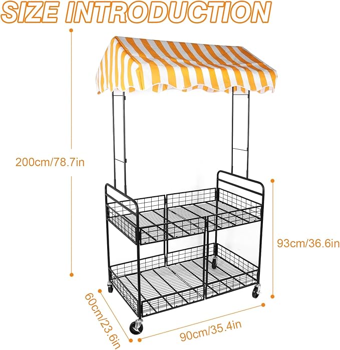 Business Mobile Catering Cart Foldable Outdoor Portable Market Street Food Vendor Stalls with Yellow White Canopy Stall Trolley for Outdoor Vending Sale Display