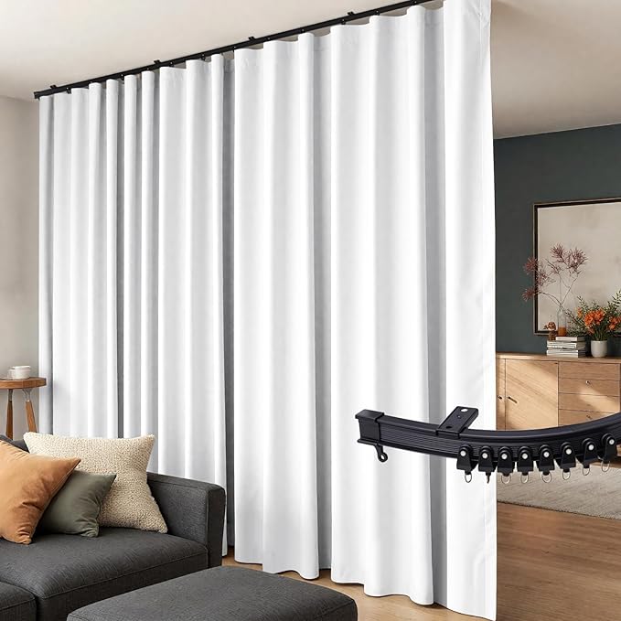 Room Divider Curtains Flexible Ceiling Tracks set Curtain track Ceiling Mount Blackout Curtain for Living Room Bedroom Ceiling Curtain Rod Privacy Divider Panel W100xH96 GreyishWhite Drape&Black rail