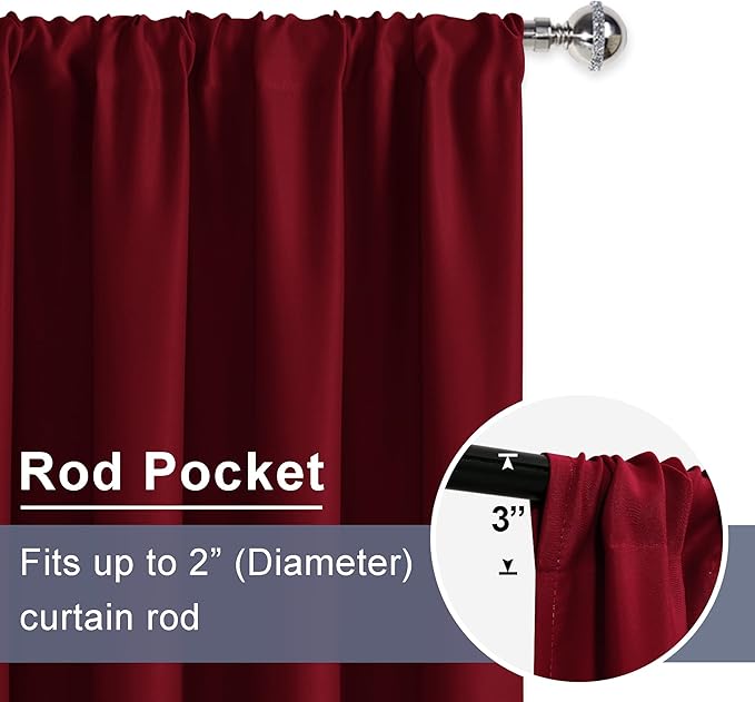 JIUZHEN Red Curtains for Bedroom - Drapes Set of 2 Panels with Tiebacks, Thermal Blackout, Room Darkening Noise Reducing, 42" x 72", Light Blocking for Kids Room