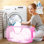 Durable Collapsible Laundry Baskets, Mesh Pop Up Laundry Hamper with Side Pocket, Foldable Clothes Storage Hamper with Reinforced Carry Handles for Laundry, Bathroom, Kids Room, Dorm or Travel Pink