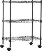 Amazon Basics 3-Shelf Adjustable, Heavy Duty Storage Shelving Unit on 2'' PP Plastic Wheel Casters, Metal Organizer Wire Rack, 23.2" L x 13.4" W x 32.75" H, Black