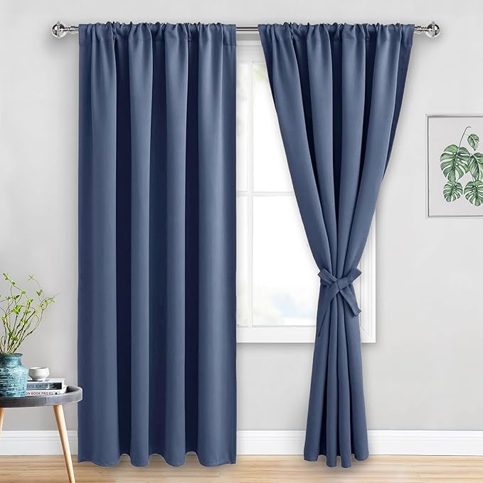 JIUZHEN Blackout Curtains for Bedroom - Thermal Insulated Room Darkening Rod Pocket Curtains for Living Room, Set of 2 Panels with Tiebacks, 52 x 90 Inch Length, Dusty Blue
