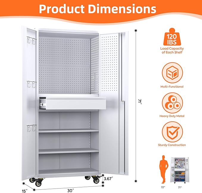Metal Storage Cabinet with Drawers, Locking Garage Tool Cabinets on Wheels with Pegboards and Hooks for Warehouse Homes, Offices, Assembly Required