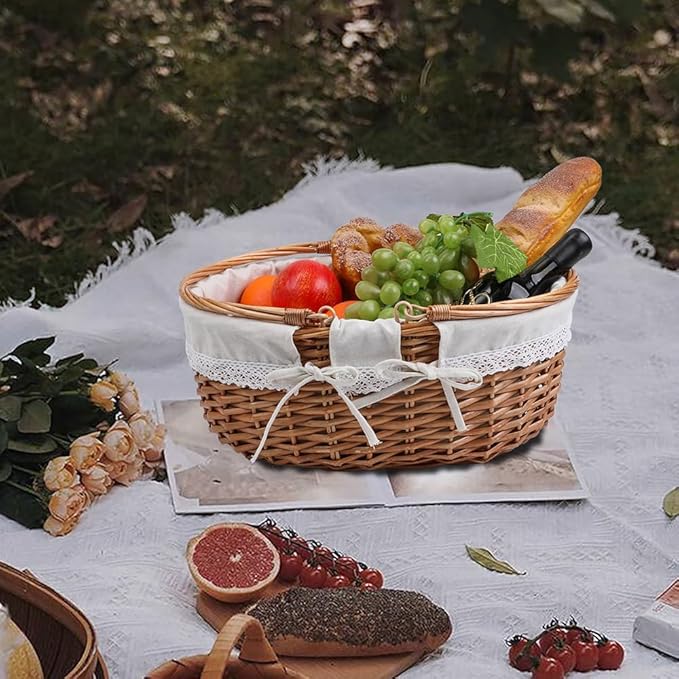 Large Wicker Picnic Basket with Handles,Handle Sturdy Woven Body with Removable and Washable Lining,Outdoor Camping,Gift Packing,Garden Picking, Storage.White
