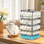 EsLuker.ly Rotating Earring Display Holder Stand for Vendors Events Selling, Large Capacity 64 Hooks Jewelry Rack with Wooden Base for Earring Card Sales, Enhances Retail Visibility (Blue)