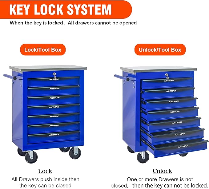 7 Drawers Tool Cart on Wheels with Stainless Steel Worktop, Heavy Duty Mobile Rolling Drawer Tool Chest with Locking Wheels & Lockable Drawers, Garage Tool Storage Cabinet (Blue, 7 Drawers)