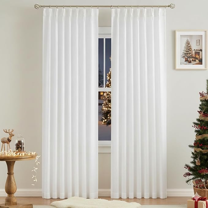 Vision Home White Pinch Pleated Semi Sheer Curtains Textured Light Filtering Window Curtains 112 inch for Living Room Bedroom Rayon Blended Pinch Pleat Drapes with Hooks 2 Panels 40" Wx112 L